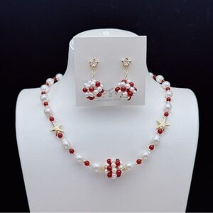 26X80 Handmade Freshwater Pearl Agate Necklace Earrings Set